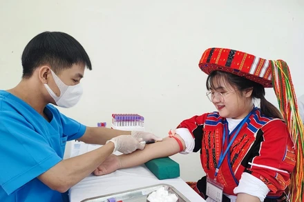 Em Dương Quỳnh Như Ngọc (dân tộc Pà Thẻn) lấy máu xét nghiệm sàng lọc.