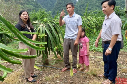 Cán bộ tín dụng chính sách kiểm tra hiệu quả vốn vay tại hộ vay vốn ở xã Quang Long, huyện Hạ Lang, tỉnh Cao Bằng.
