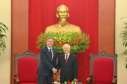 Tổng Bí thư Nguyễn Phú Trọng và Bộ trưởng Ngoại giao Hoa Kỳ Antony Blinken tại buổi tiếp. (Ảnh: DUY LINH)