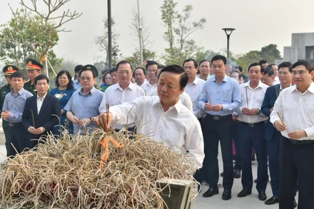 Phó Thủ tướng Trần Hồng Hà và các đại biểu dâng hương tưởng niệm các Anh hùng liệt sĩ tại Đền thờ các Anh hùng liệt sĩ hy sinh tại chiến trường Điện Biên Phủ. 