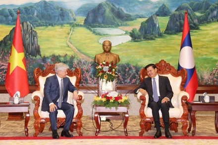 Đồng chí Đỗ Văn Chiến (trái) đến chào xã giao Tổng Bí thư, Chủ tịch nước Lào Thongloun Sisoulith. 