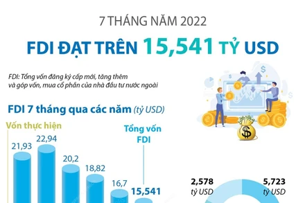 7 tháng năm 2022, FDI đạt trên 15,541 tỷ USD 
