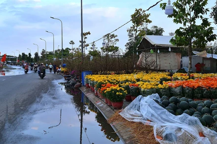 Nước mưa còn ứ đọng nước quanh chợ hoa kiểng thành phố Cà Mau vào chiều 17/1.