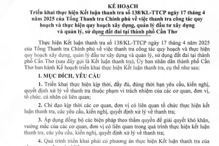 Kế hoạch triển khai thực hiện Kết luận Thanh tra Chính phủ của Ủy ban nhân dân thành phố Cần Thơ.
