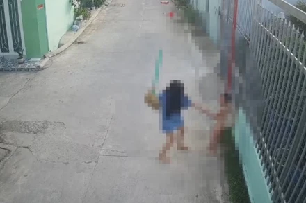 Bà Trang dùng chổi đánh cháu T. (Ảnh cắt từ camera)