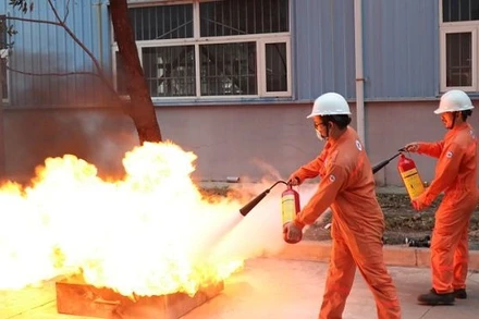 Cán bộ, công nhân viên và người lao động sử dụng bình chữa cháy di động dập tắt đám cháy giả định.