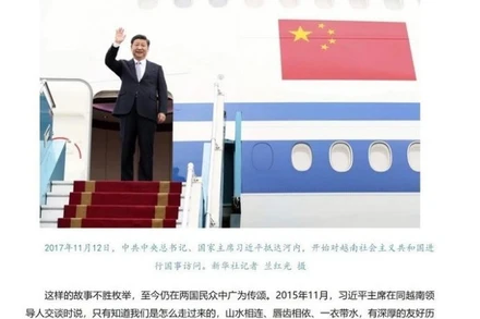 Ảnh minh họa trong bài viết của Nhân dân nhật báo: Ngày 12/11/2017, Tổng Bí thư, Chủ tịch Tập Cận Bình đến Hà Nội, bắt đầu chuyến thăm cấp nhà nước đến Việt Nam. (Ảnh: Công Tuyên/TTXVN)