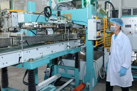 Công ty TNHH Lúa gạo Việt Nam (tỉnh Ðồng Tháp) đầu tư dây chuyền đóng gói gạo hiện đại phục vụ xuất khẩu. (Ảnh: ANH TUẤN)