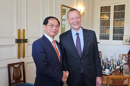 Bộ trưởng Ngoại giao Bùi Thanh Sơn gặp ông Emmanuel Bonne, Cố vấn đối ngoại của Tổng thống Pháp. (Ảnh: KHẢI HOÀN)