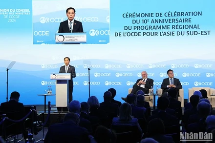 Bộ trưởng Ngoại giao Bùi Thanh Sơn dự và phát biểu tại Lễ kỷ niệm 10 năm thành lập Chương trình SEARP trong khuôn khổ MCM 2024. Ảnh: KHẢI HOÀN