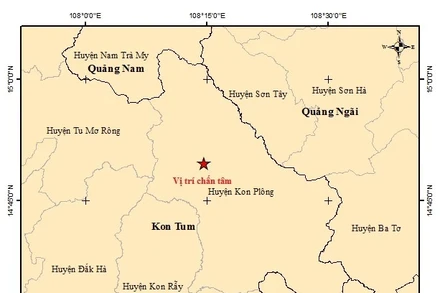 Bản đồ tâm chấn trận động đất có độ lớn 5,0 tại huyện Kon Plong, tỉnh Kon Tum.