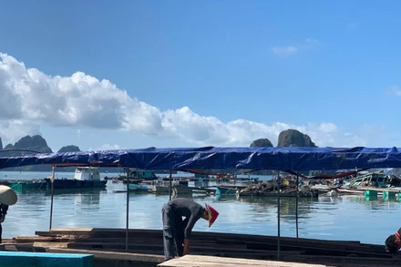 Người dân sửa bè nuôi trồng thủy sản sau báo Yagi.