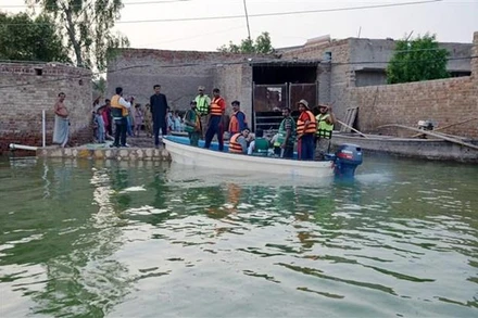 Lực lượng cứu hộ sơ tán người dân khỏi vùng ngập lụt tại Jamshoro, tỉnh Sindh, Pakistan, ngày 15/9. (Ảnh: THX/TTXVN)