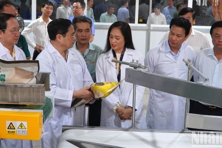 Thủ tướng thăm và làm việc với tập thể lãnh đạo quản lý Nhà máy chế biến lúa gạo, Công ty Trách nhiệm hữu hạn lúa gạo Việt Nam. (Ảnh: HỮU NGHĨA)