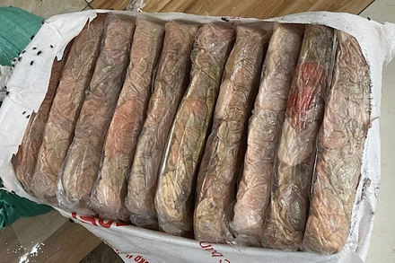 Toàn bộ 2,3 tấn thực phẩm bị thu giữ đều đang trong tình trạng bốc mùi hôi thối, đổi màu thâm đen và chảy nước.