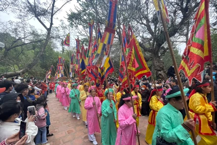 Hàng nghìn người dân chờ đón các đoàn rước trong Lễ hội đền Sóc. 