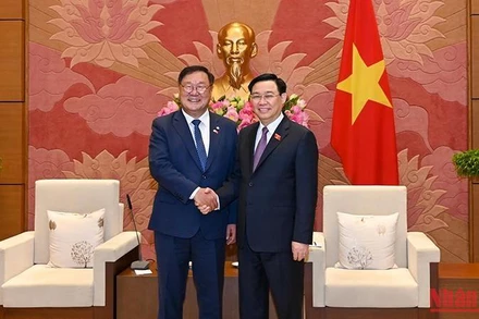 Chủ tịch Quốc hội Vương Đình Huệ và Chủ tịch nhóm Nghị sĩ hữu nghị Hàn Quốc-Việt Nam Kim Tae-nyeon tại buổi tiếp. (Ảnh: DUY LINH)