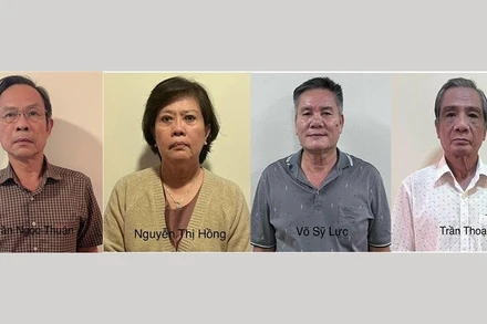 4 bị can (từ trái qua): Trần Ngọc Thuận, Nguyễn Thị Hồng, Võ Sỹ Lực, Trần Thoại.