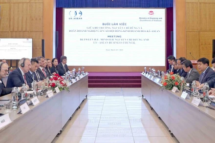 Bộ trưởng Kế hoạch và Đầu tư Nguyễn Chí Dũng làm việc với Đoàn doanh nghiệp cấp cao Hoa Kỳ. (Ảnh: CTV)