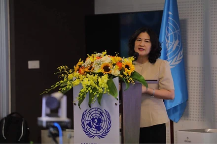 Thứ trưởng Lao động-Thương binh và Xã hội Nguyễn Thị Hà phát biểu tại hội thảo.