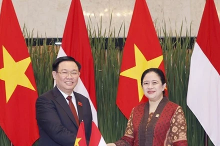 Chủ tịch Quốc hội Vương Đình Huệ và Chủ tịch Hạ viện Indonesia Puan Maharani. (Ảnh: TTXVN)
