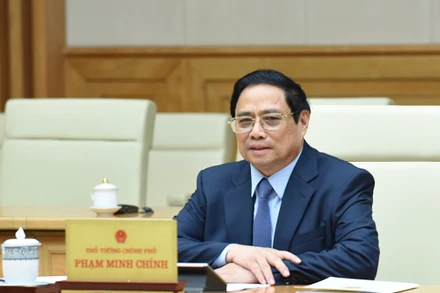  Thủ tướng Phạm Minh Chính phát biểu tại buổi tiếp ông Nikai Toshihiro, Chủ tịch Liên minh Nghị sĩ hữu nghị Nhật-Việt. (Ảnh: Trần Hải)