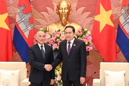 Chủ tịch Quốc hội Trần Thanh Mẫn và Quốc vương Campuchia Norodom Sihamoni tại buổi tiếp kiến. (Ảnh: DUY LINH)