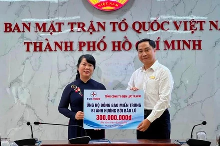 Đại diện Tổng Công ty Điện lực Thành phố Hồ Chí Minh trao 300 triệu đồng ủng hộ đồng bào miền trung gặp khó khăn do cơn bão số 4 gây ra.