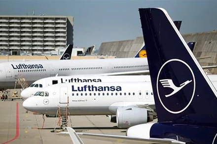 Các máy bay của Hãng hàng không Lufthansa đậu tại sân bay ở Frankfurt am Main, Đức. (Ảnh: AFP/TTXVN)