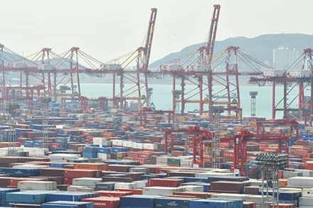 Container hàng hóa được bốc dỡ tại cảng Busan, Hàn Quốc. (Ảnh: AFP/TTXVN)