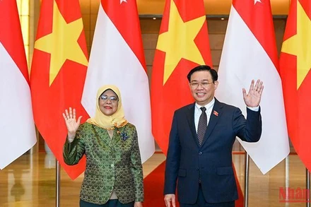 Chủ tịch Quốc hội Vương Đình Huệ và Tổng thống Cộng hòa Singapore Halimah Yacob tại buổi tiếp.