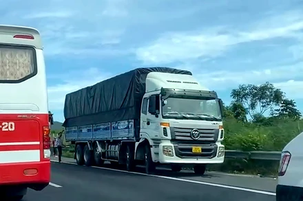 Xe tải đỗ ngược chiều trên làn khẩn cấp cao tốc Phan Thiết-Dầu Giây không đúng nơi quy định.