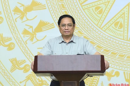 Thủ tướng Phạm Minh Chính phát biểu tại điểm cầu Trụ sở Chính phủ. 