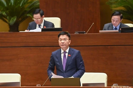 Bộ trưởng Tư pháp Lê Thành Long trả lời chất vấn tại Phiên họp thứ 25 của Ủy ban Thường vụ Quốc hội sáng 15/8. (Ảnh: DUY LINH)