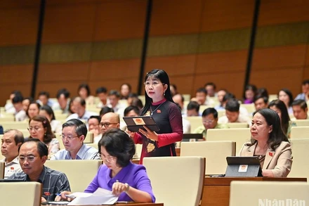 Đại biểu Trần Thị Thanh Hương (đoàn An Giang) góp ý kiến về vấn đề phân loại và tái chế rác thải rắn. (Ảnh: DUY LINH)