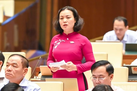 Đại biểu Quốc hội Huỳnh Thị Phúc (đoàn Bà Rịa - Vũng Tàu) góp ý kiến vào dự thảo Luật Kinh doanh bất động sản (sửa đổi). (Ảnh: DUY LINH)