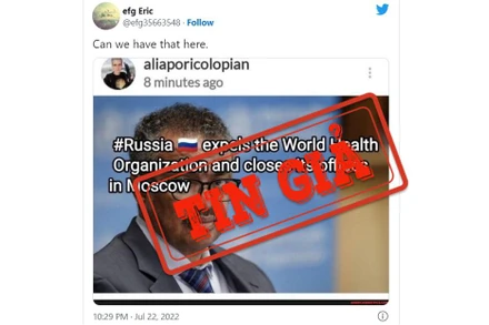 Một người dùng Twitter chia sẻ lại bài đăng đưa tin sai sự thật về các văn phòng đại diện của WHO tại Nga. (Ảnh chụp màn hình)