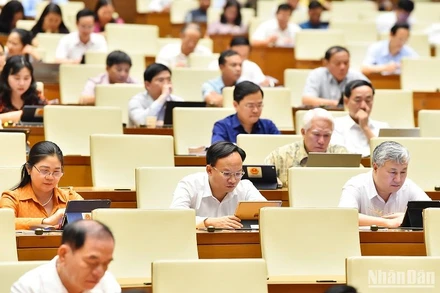 Các đại biểu Quốc hội trong một phiên thảo luận ở hội trường tại Kỳ họp thứ 5, Quốc hội khóa XV. (Ảnh: DUY LINH)