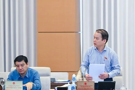 Chủ nhiệm Ủy ban Pháp luật Hoàng Thanh Tùng trình bày báo cáo thẩm tra dự án Luật Thủ đô (sửa đổi). (Ảnh: DUY LINH)