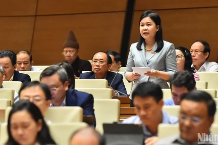 Đại biểu Nguyễn Phương Thủy (đoàn Hà Nội) phát biểu tại hội trường sáng 6/11. (Ảnh: THỦY NGUYÊN)