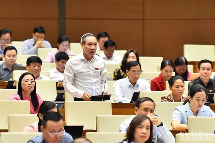 Đại biểu Phan Đức Hiếu (Đoàn Thái Bình) cho ý kiến về mở rộng phạm vi áp dụng của Luật Đấu thầu. (Ảnh: THỦY NGUYÊN)