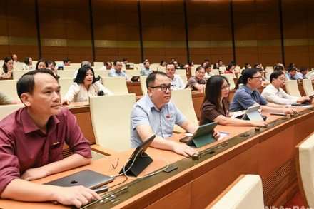 Các đại biểu Quốc hội bấm nút biểu quyết thông qua Nghị quyết về Chương trình xây dựng luật, pháp lệnh năm 2025, điều chỉnh Chương trình xây dựng luật, pháp lệnh năm 2024. (Ảnh: DUY LINH)