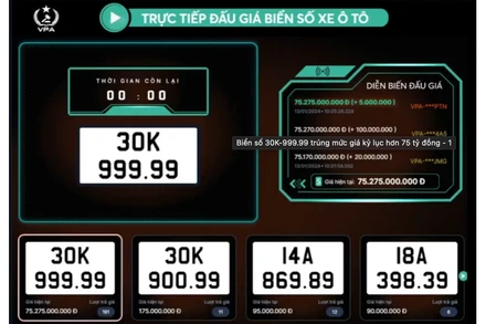 Xác lập kỷ lục mới về đấu giá biển số ô tô online, lên đến 75,2 tỷ đồng.