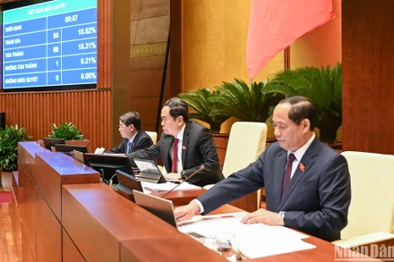 Chủ tịch Quốc hội Trần Thanh Mẫn và các Phó Chủ tịch Quốc hội bấm nút biểu quyết thông qua Luật. (Ảnh: DUY LINH)