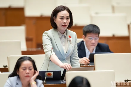 Đại biểu Trần Thị Hồng Thanh góp ý kiến về nội dung đất di tích, di sản trong phiên họp sáng 7/4. (Ảnh: DUY LINH)