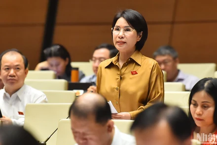 Đại biểu Trần Thị Nhị Hà (đoàn TP Hà Nội) góp ý kiến vào dự thảo Luật. (Ảnh: THỦY NGUYÊN)