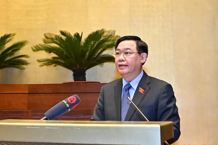 Chủ tịch Quốc hội Vương Đình Huệ phát biểu bế mạc Hội nghị triển khai Chương trình giám sát của Quốc hội năm 2023, sáng 27/9.