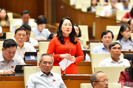 Đại biểu Nguyễn Thị Thủy (đoàn Bắc Kạn) phát biểu ý kiến tại hội trường sáng 28/5. (Ảnh: THỦY NGUYÊN)