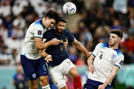 Tiền đạo Olivier Giroud (số 9) tỏa sáng giúp Pháp giành vé vào bán kết World Cup 2022. (Ảnh: Reuters)