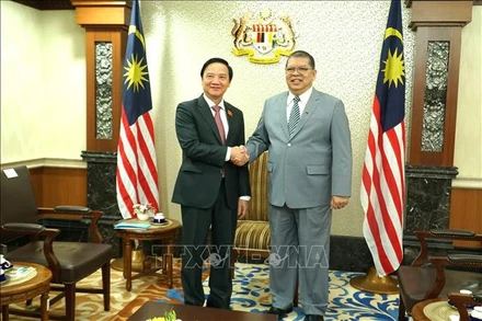 Phó Chủ tịch Quốc hội Nguyễn Khắc Định chào Chủ tịch Hạ viện Malaysia Tan Sri Dato’ Johari Bin Abdul. (Ảnh: TTXVN)